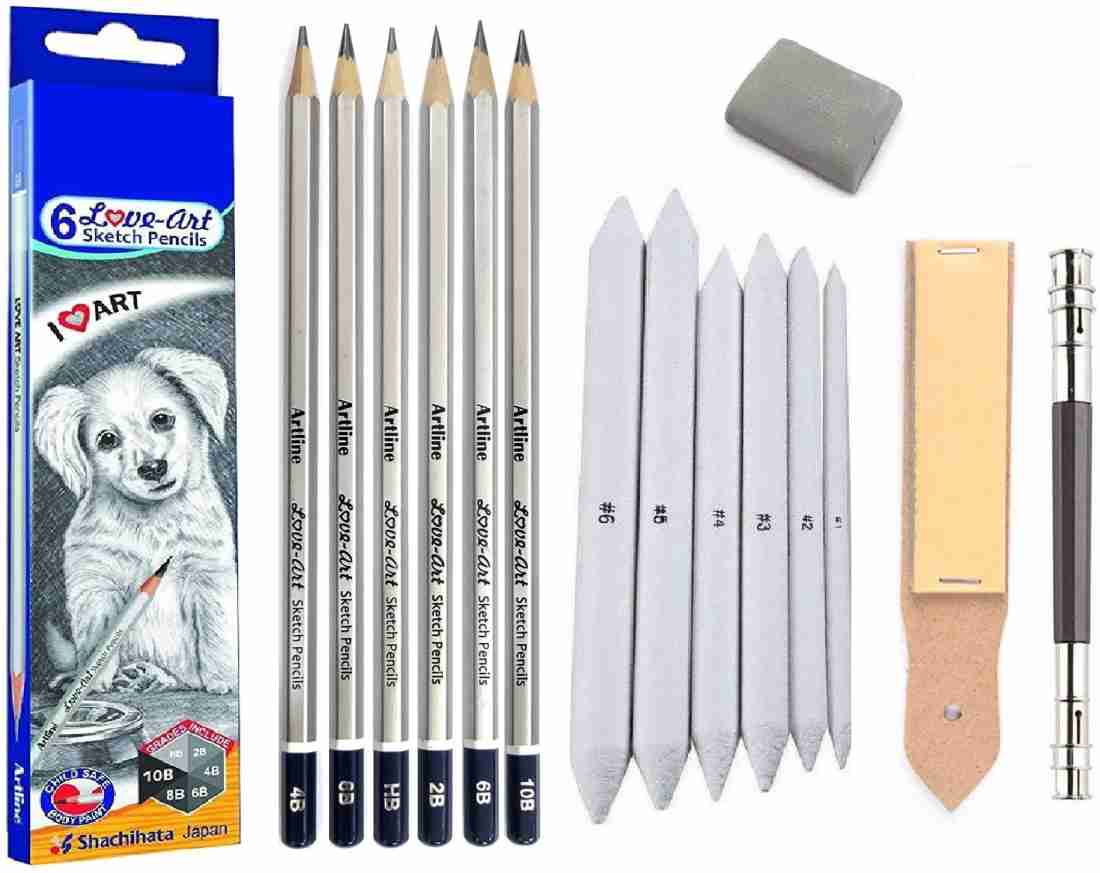 Craftacious Artline Set of 6 Love-Art Sketch Pencils +  Blending/Smudging Stumps(Size 1 to 6) - Drawing Accessories- Art Set