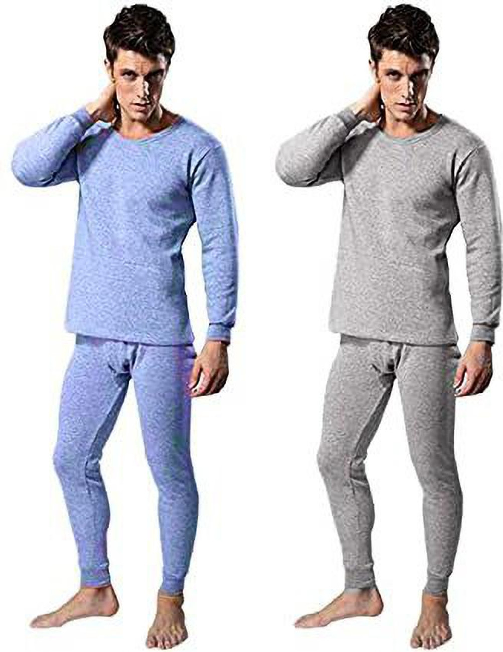 CROTUS Men Winters Woolen Thermal Wear Upper Lower Inner Set Round Neck Thermal Wear Set Winter Body Warmer Blue and Grey Combo of 2 Size 42 Men Top Pyjama Set Thermal