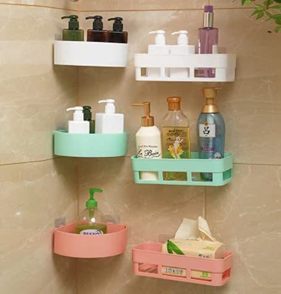 Pack of 2 Multipurpose Plastic Kitchen Bathroom Wall Corner Shelf with  Strong Magic Sticker Shower Rack