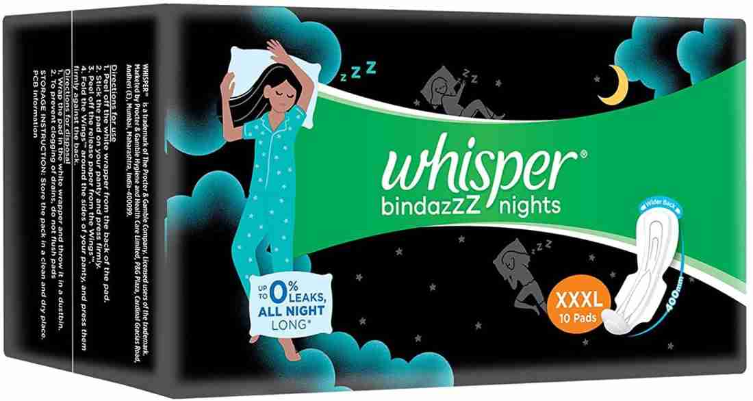 Whisper bindazzz nights XXXL 10 pads Sanitary Pad, Buy Women Hygiene  products online in India