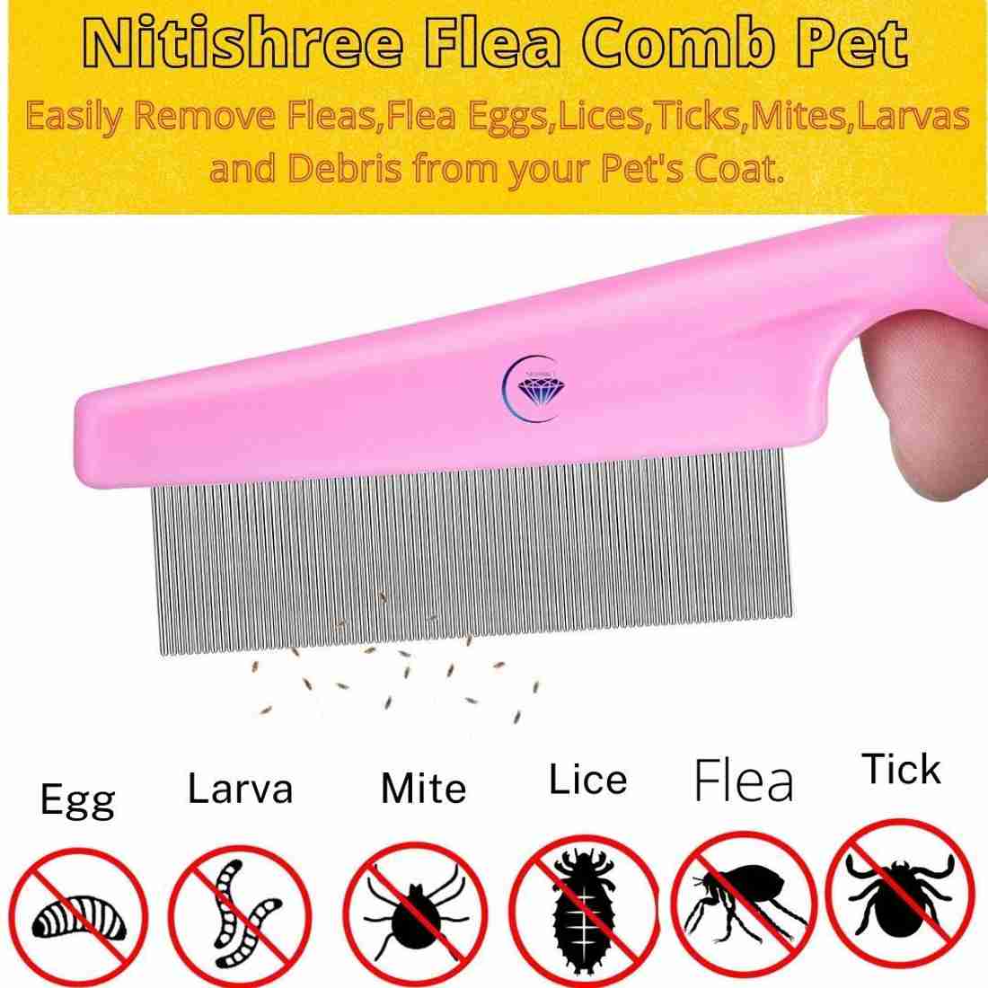 Nitishree Flea and Tick Comb for Pets Dog and Cat Nit Remover Grooming Brush Tools to Treatment Remove Fleas Mites Ticks Dandruff Flakes Stainless Steel Fine Teeth Color May Vary Plain