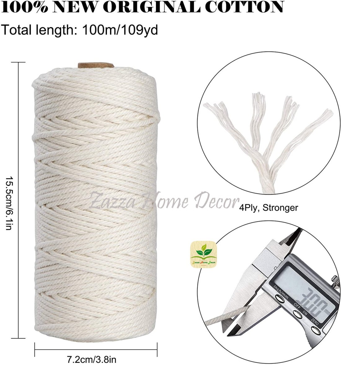 Macrame Cord 4mm 109yd (100m) 4ply Colored, 100% Natural Cotton Rope Braid  Knit