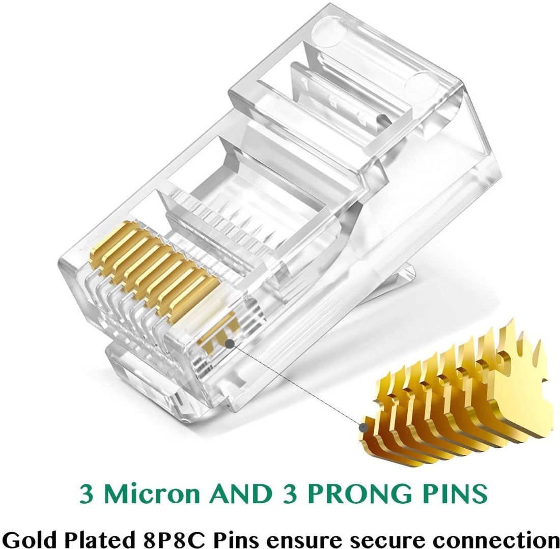 TECH-X RJ45 Cat7 & Cat6A Crimping Connectors plug, 50U Nickel Plated 3  Prong Shielded FTP/STP External Ground for 23 AWG (0.573mm) Network Cable