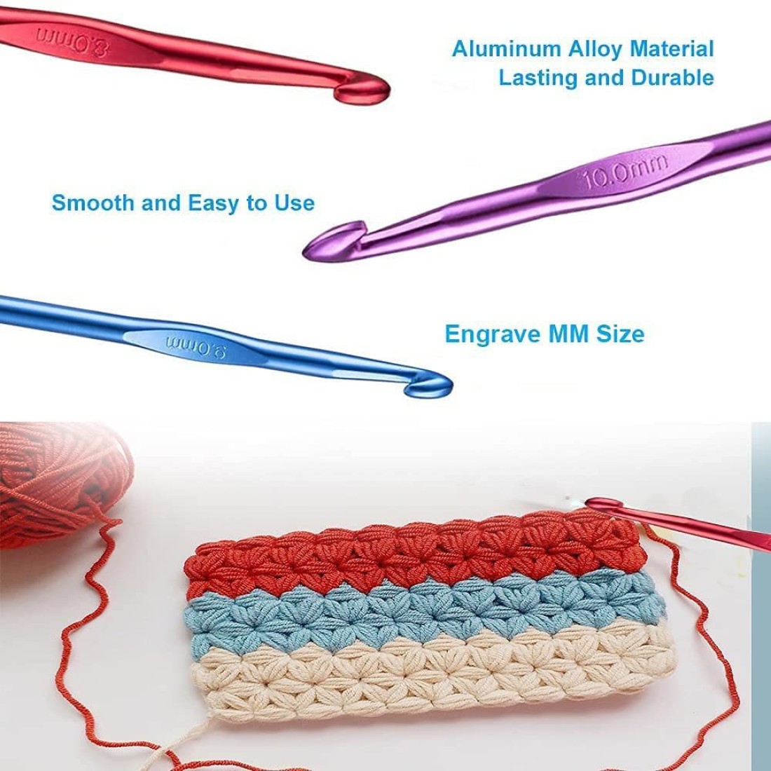 प्रन्सुनिता Big Size Anodized Multicolor Aluminum Crochet Hooks for  Crocheting, Knitting Needles, Yarn Craft Needle, Size -8.0, 9.0 & 10.0 mm,  Pack of 3 pcs Jumbo Big Size - Big Size Anodized