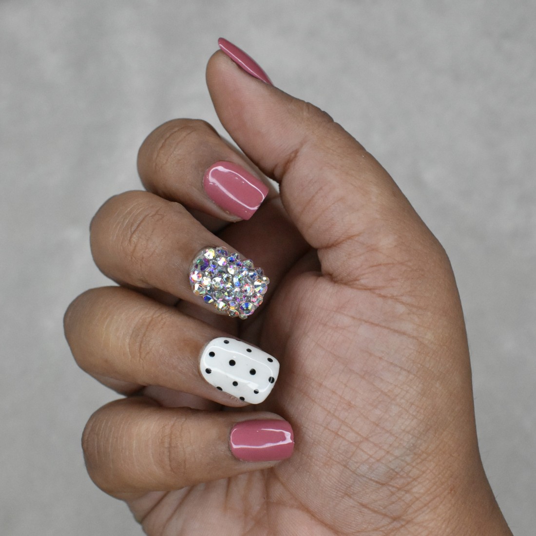 my nails in:kiss the bride pink, salty black dots nails by Olive&June ❤ | Black  dot nails, Champagne nails, Sheer nails
