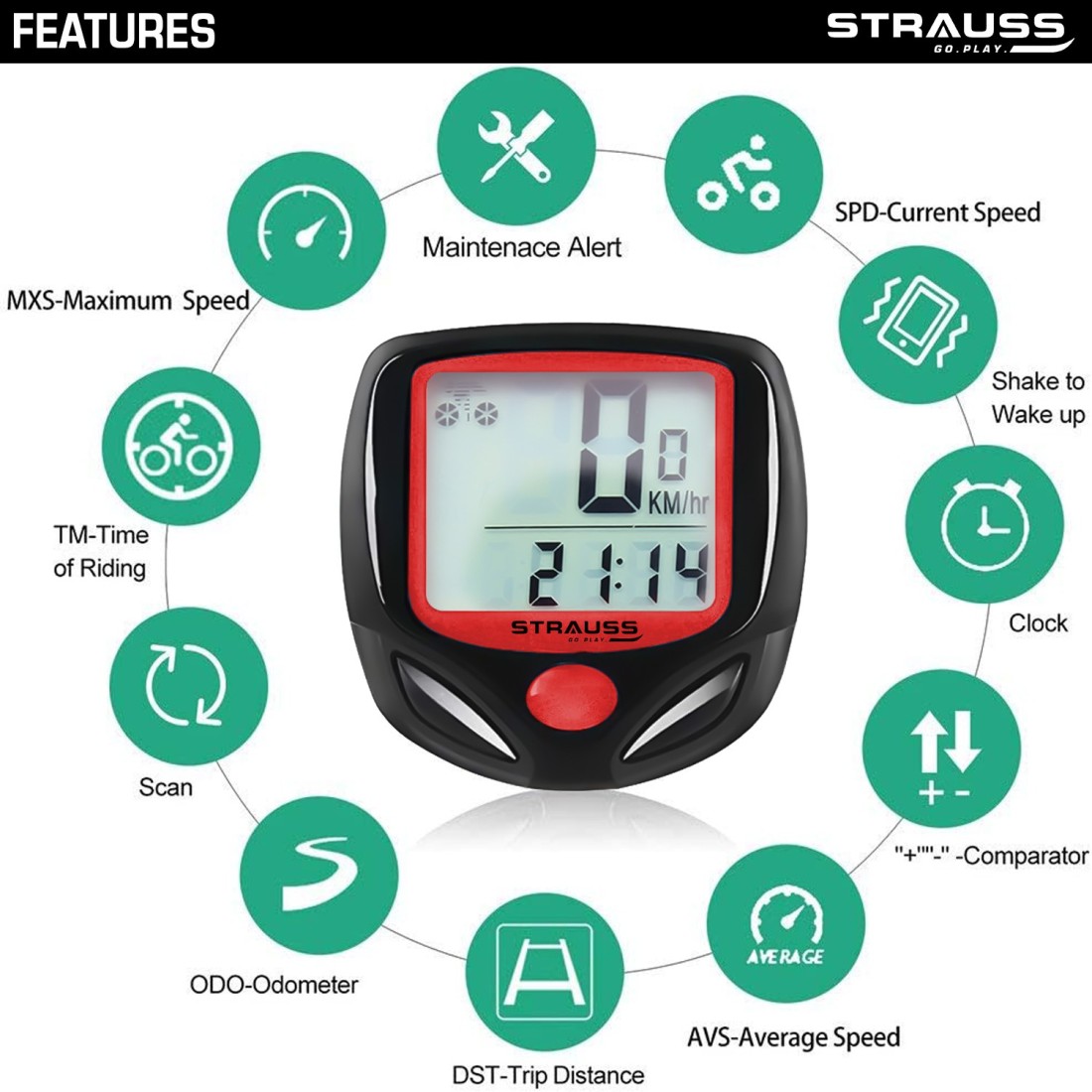 Strauss Computer Odometer with LCD Display Auto Sleep Wake up Mode Wired Cyclocomputer