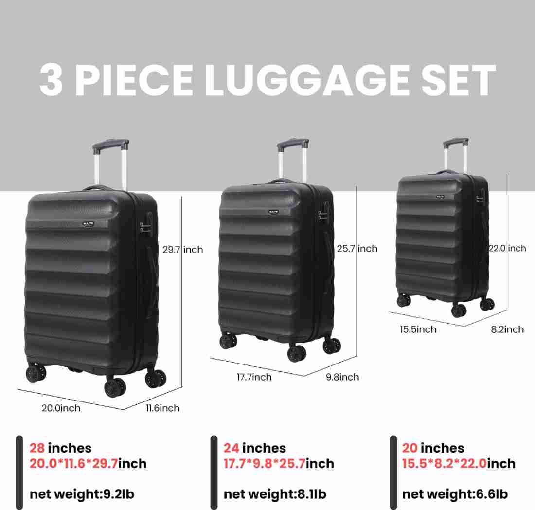 SULITE Set of 3 Anti Scratch ABS Material Trolley Bag Different Size Suitcase Set Cabin Check in Set 8 Wheels 28 inch Black Price in India Flipkart