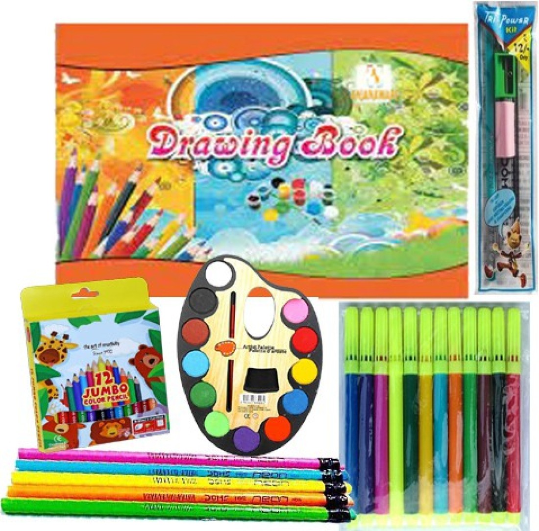  anjanaware Colour Fun Combo Kit, Assorted Items, Gifting  Kit, Drawing Book, Wax Crayons, Pencil, Eraser, Sharpner, Tempera  Colors