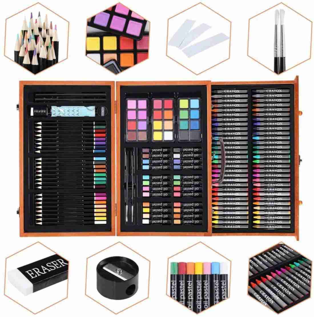 Drawing Art Set Painting Color Artist Kit 142 Pcs Pencil Crayon Marker Wood  Case