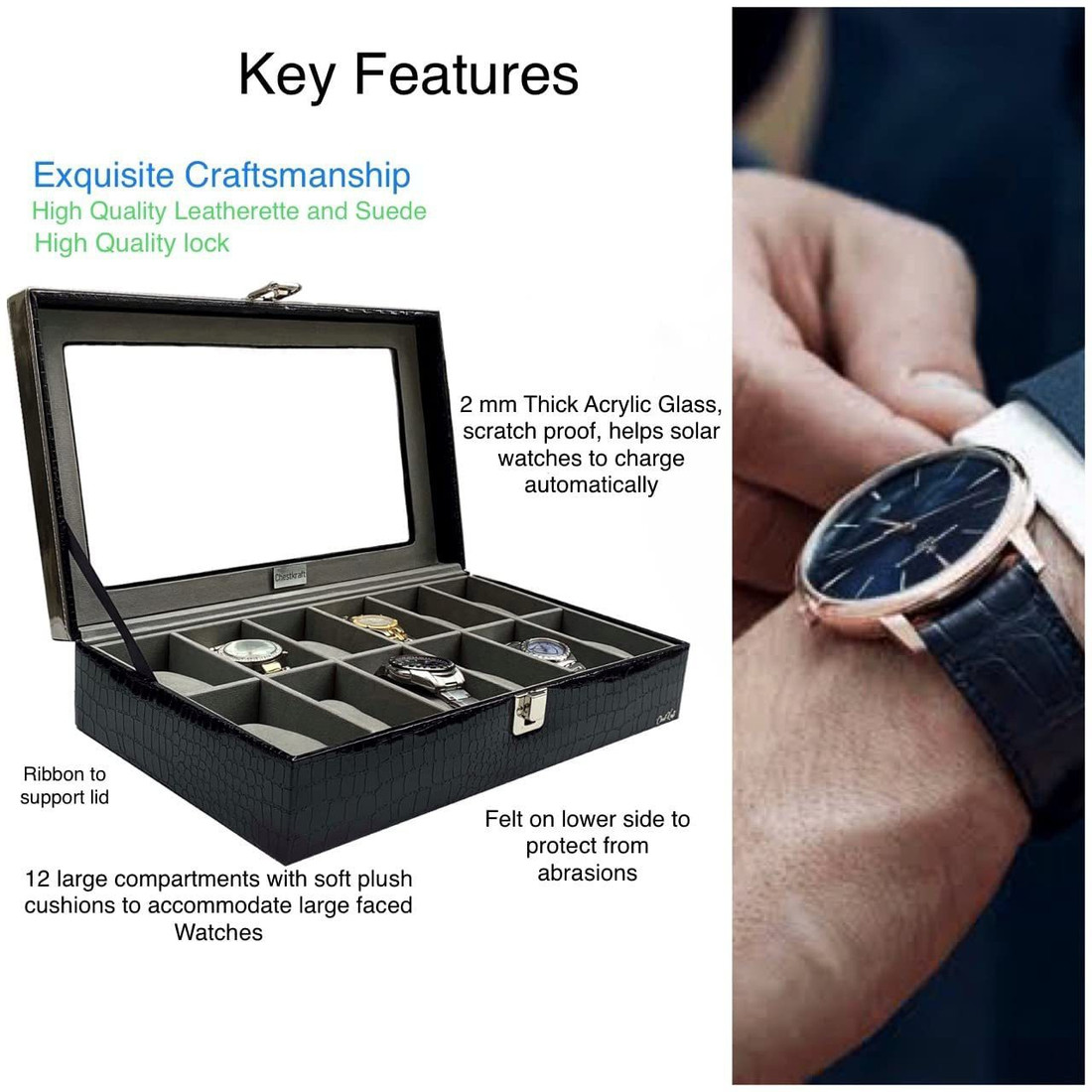 ChestKraft Black Pearl 12 Slot Watch Box Organizer with