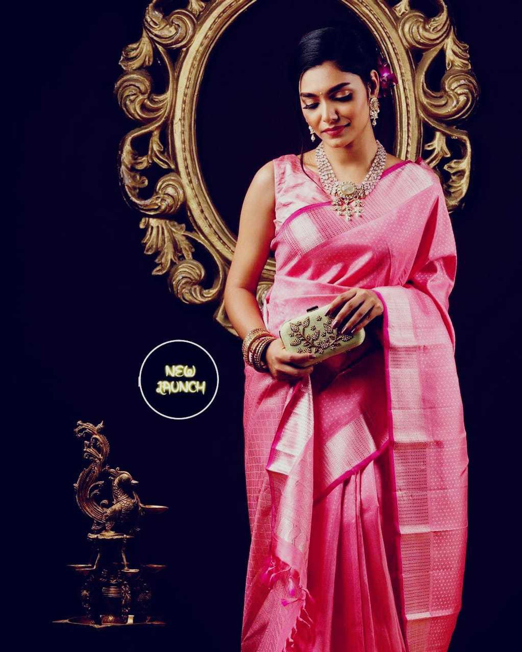 Buy HOGSY Woven Bollywood Jacquard Cotton Silk Pink Sarees Online