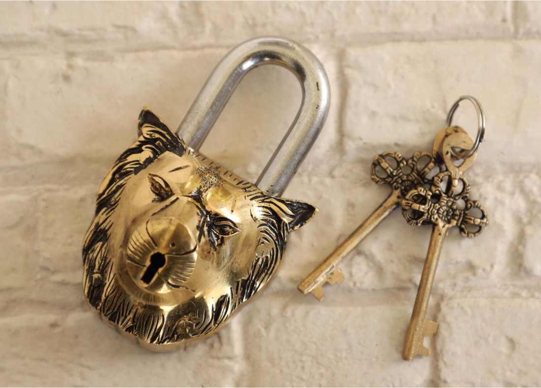 Vintage Lion Design Brass Padlock Handmade Safety Door Lock With 2
