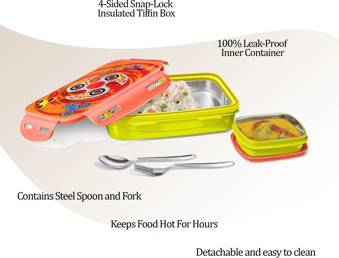 MILTON Miilton Steely Deluxe Mini Inner Steel Kids Tiffin Box, Orange-Cyan