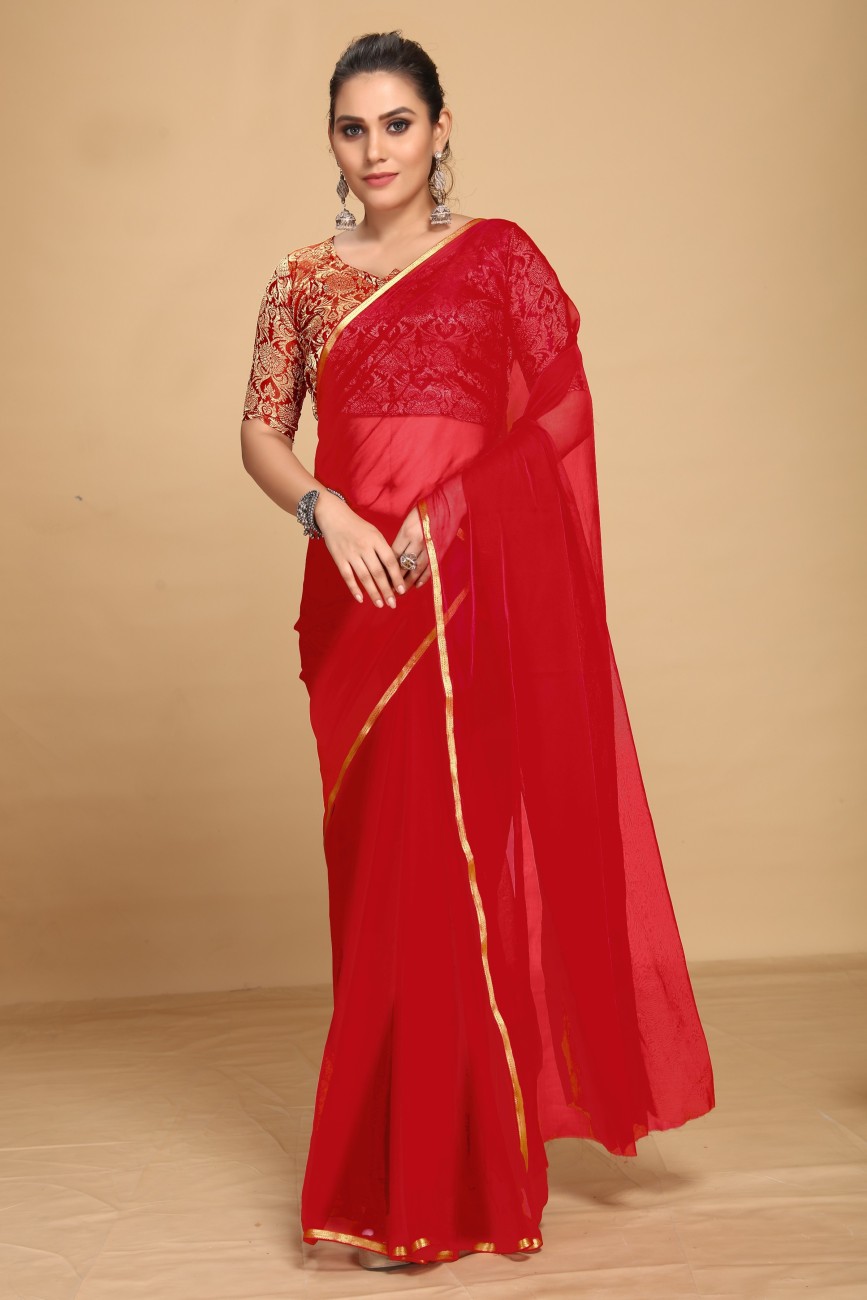 plain chiffon saree with golden border