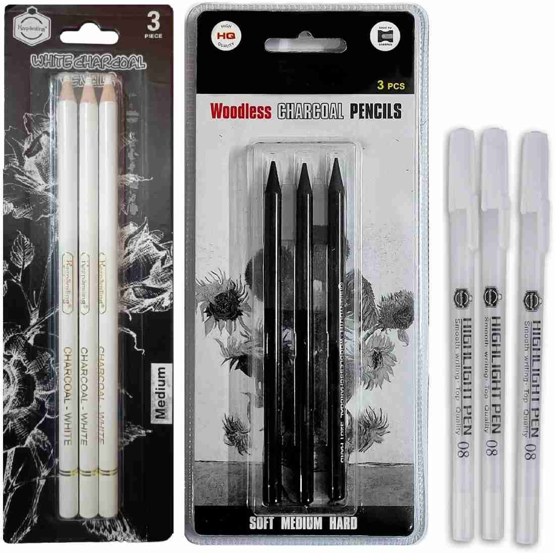 ChiggiWiggi 3 White Charcoal Pencil Set Medium for Drawing and Sketching  With 3 Pcs White Highlighter