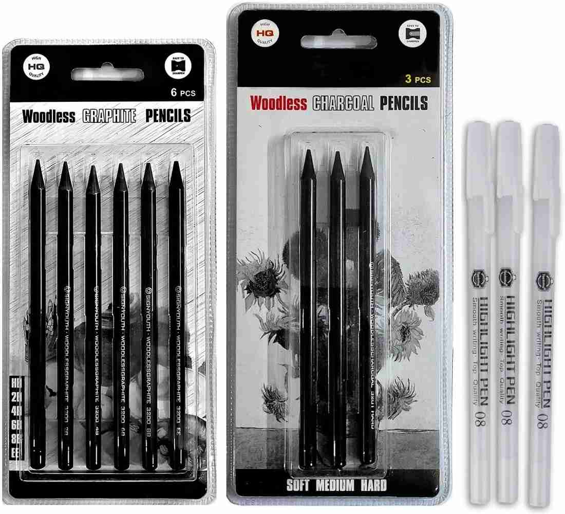ChiggiWiggi 3 White Charcoal Pencil Set Medium for Drawing and Sketching  With 3 Pcs White Highlighter
