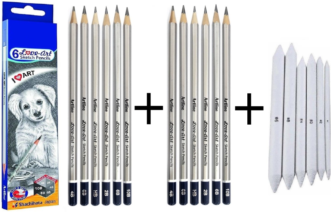Definite ARTLINE 6Pc Sketch Pencils + 6Pc Blending Stumps +  FABER CASTELL 6Pc Drawing Pencil 