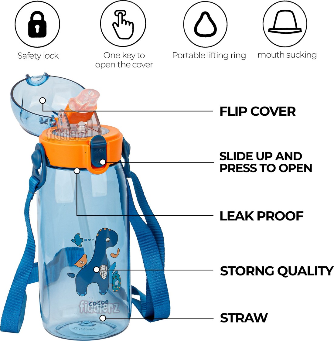 FIDDLERZ Cute Water Bottle Cute Leak Proof Push Button - Blue 550