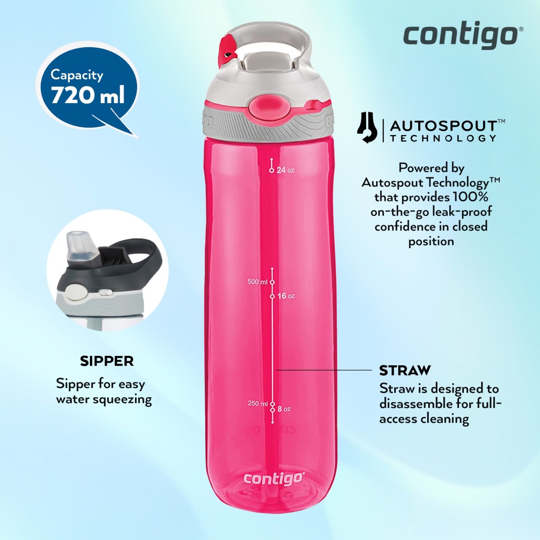 Sipper Contigo Autoseal Cortland Water Bottle 720ml Grapevine