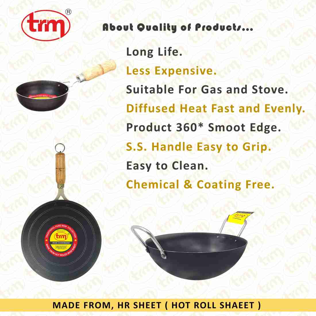 Buy Trm Pure Iron Kadai - Flat Bottom, 25 cm, with Handle Online