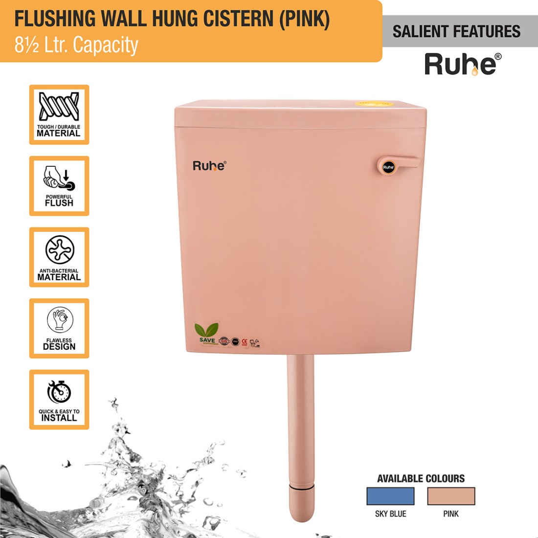 RUHE PVC Flushing Slimline Wall Hung Pink Water Cistern with 8½