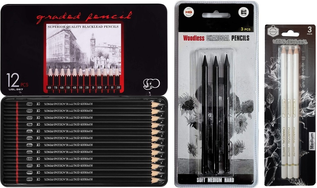 NYONI Drawing Pencil Set Tin Pack With All Accessories 29 PC | Sketch  Painting Charcoal Pencil Set