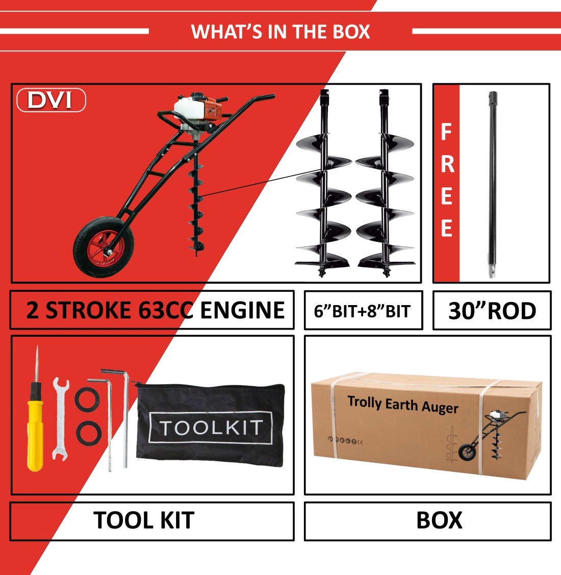 DVI EARTH AUGER 63CC 2 STROKE PETROL ENGINE 10INCH DRILL BIT Auger