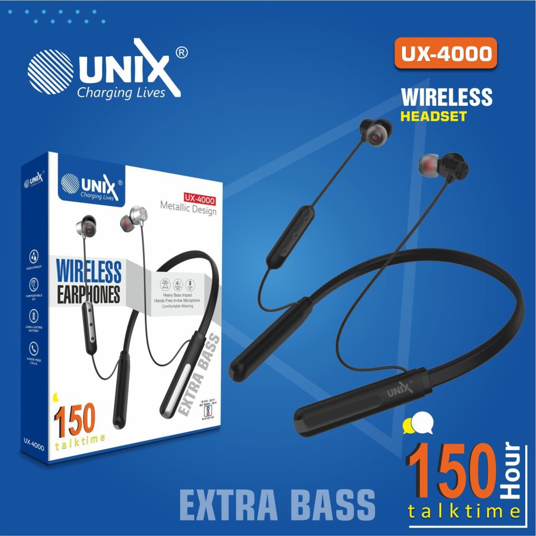 Unix Metallic Design Extra Bass 150 Hours Talk Time Bluetooth Headset