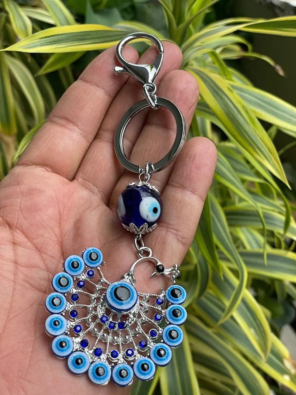 Lenity Blue and Silver Evil Eye Peacock Keychain For Bike Car