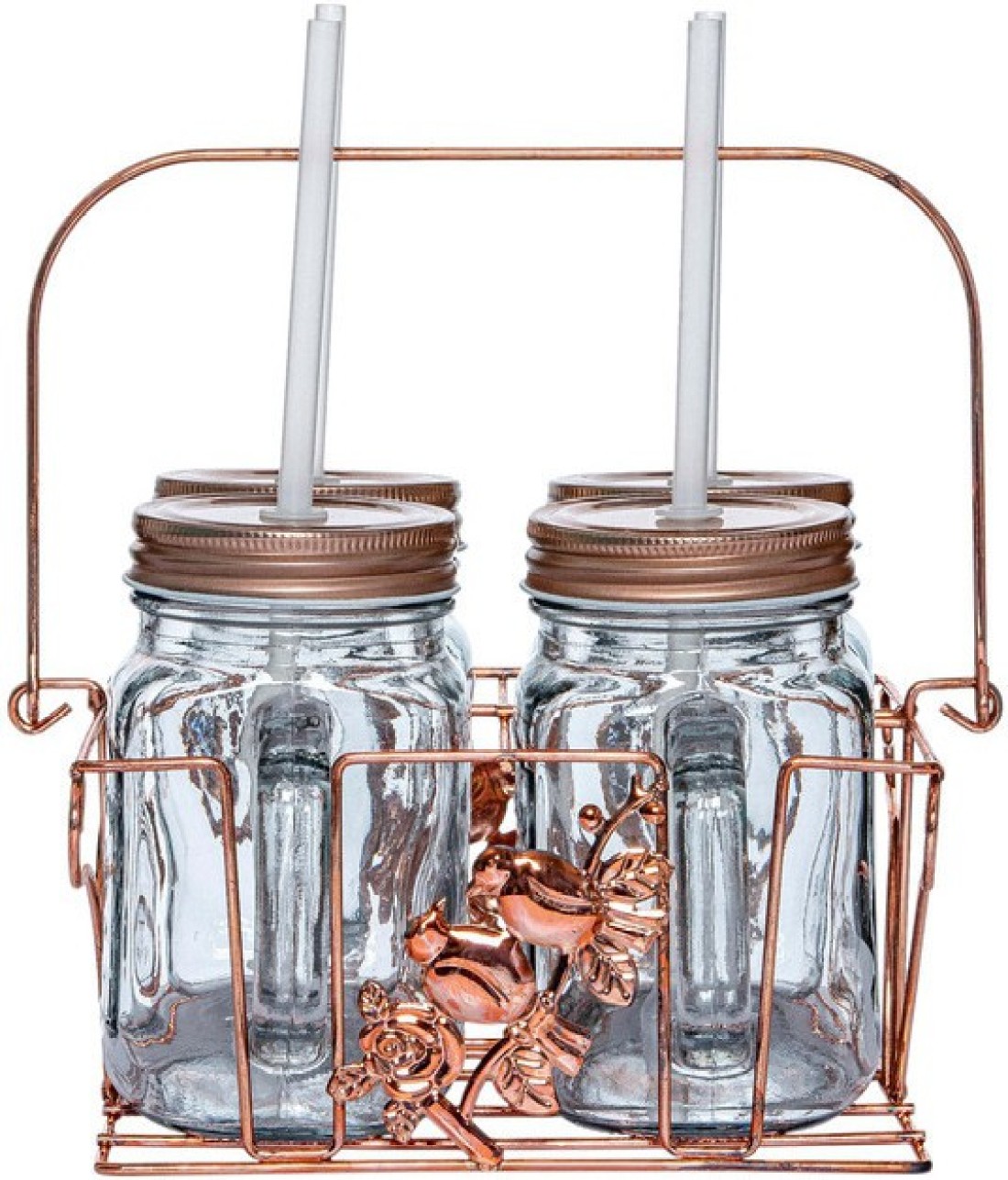 White Gold Glass Mason Jar With Metal Lid & Rack (Set Of 4Pcs Mug