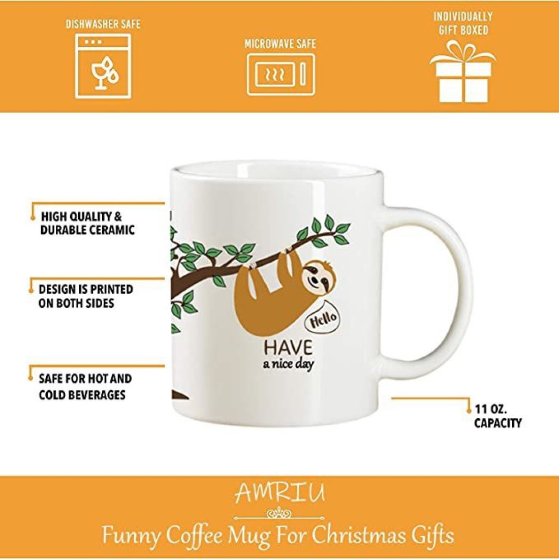 Nope, Not Today Funny Sloth Coffee Mug Hot Chocolate Mug Sloth Gift  Mother's Day or Birthday Gift Dishwasher Safe 