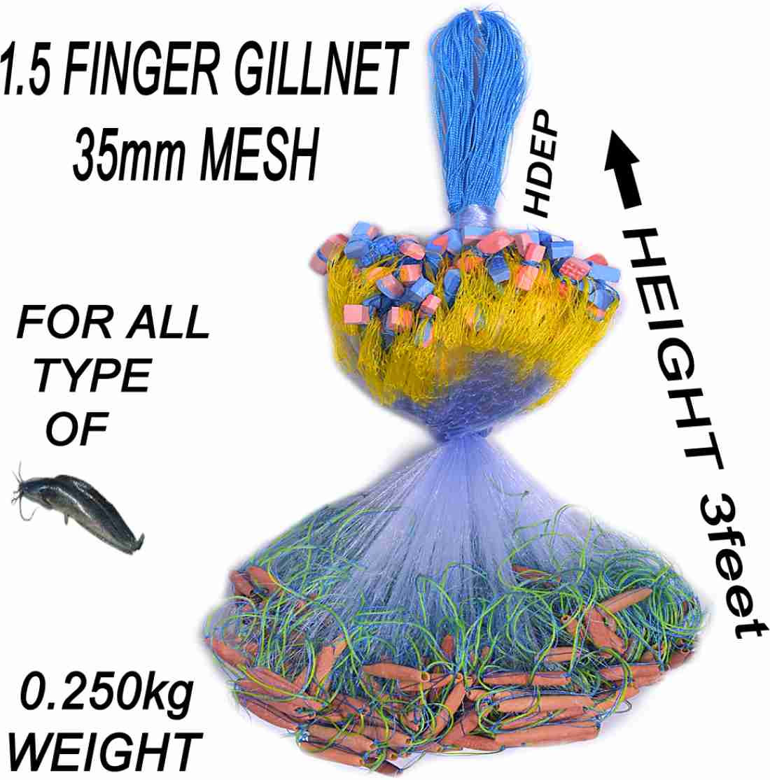 PURKAIT Fishnet 1 Finger 35mm GILLNET MUD Sinker, Height 3.5F, UP Lenght  50F, Down Lenght 100F Fishing Net