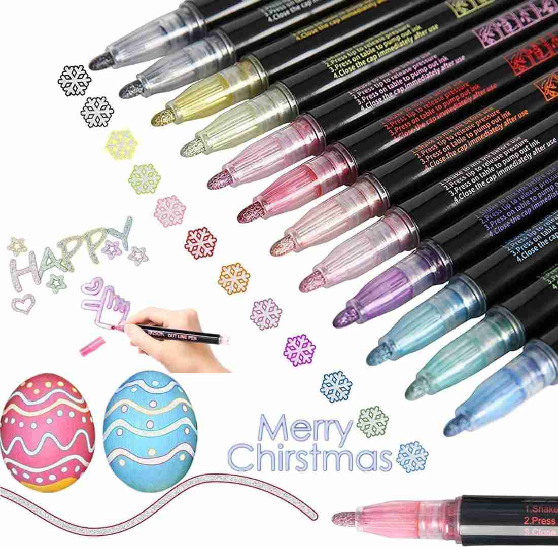 ARTMIX Double Line Outline Pens - 12 Colors Self Outline Metallic Markers  Double Line Pen, Outline Markers Pens for Art, Drawing, Greeting Cards