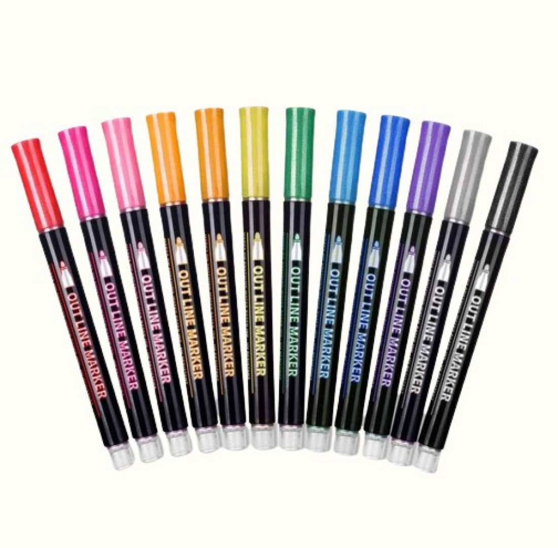 ARTMIX Double Line Outline Pens - 12 Colors Self Outline Metallic Markers  Double Line Pen, Outline Markers Pens for Art, Drawing, Greeting Cards