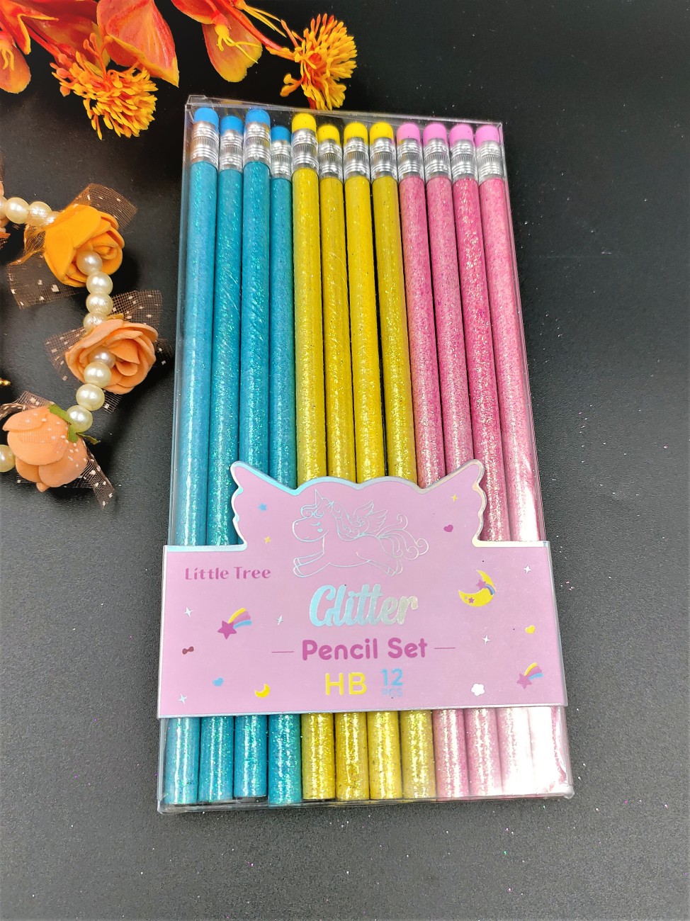 Preili's Pink Glitter Print Pencil with Top Eraser