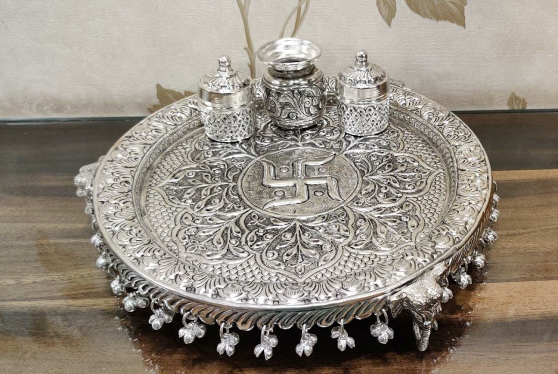 VERAC German Silver Hand Engraved Pooja Thali with Ghungroo Layer