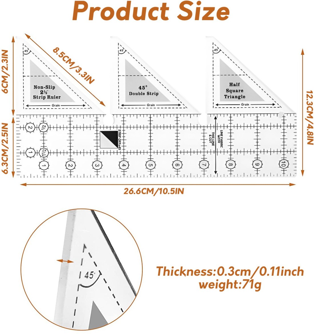 90 Degree Double Strip Quilt Ruler, 10 Inch Acrylic Quilting