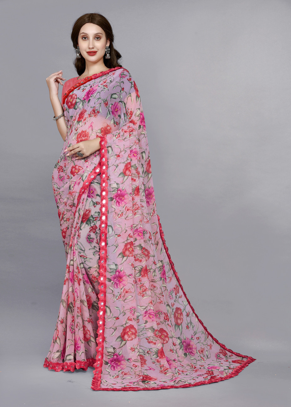 Buy peer store Floral Print Bollywood Georgette, Chiffon Pink Sarees Online  @ Best Price In India | Flipkart.com