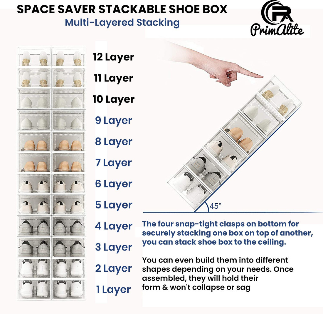 PrimAlite Plastic Stackable Rectangle Shoe Storage Boxes Fits