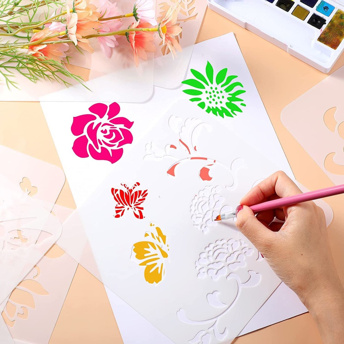 16pcs Flower Stencils, 5.1 Inch Reusable Various Flower Stencil With Metal  Ring, Sunflower Summer Butterflies Bird Rose Template DIY For Painting On W