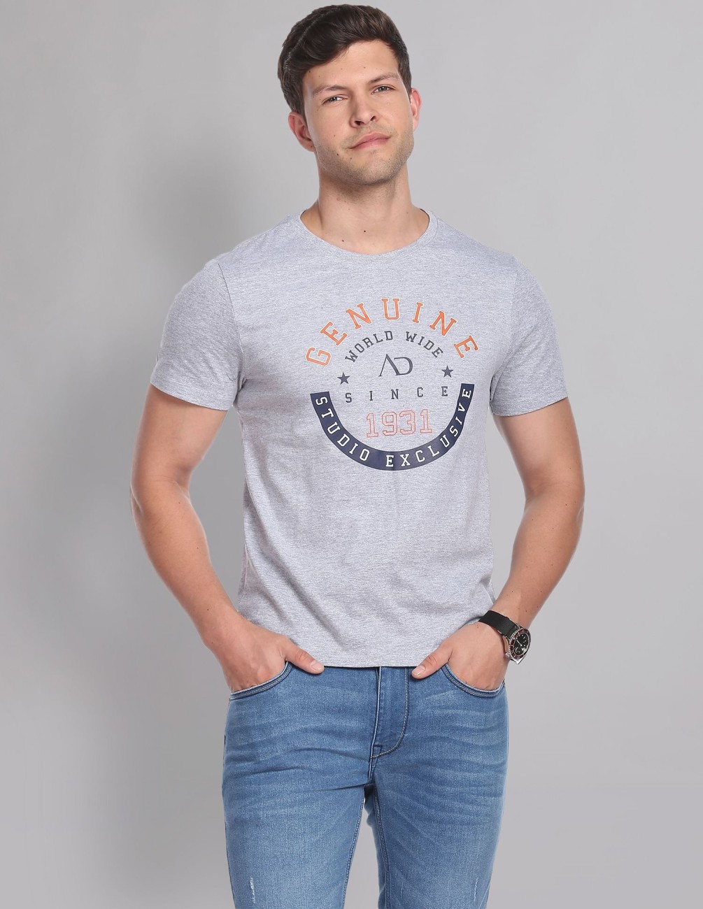 Buy AD By Arvind Black Crew Neck Modern Fit Printed T-Shirts online