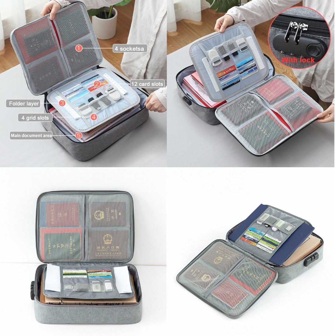 Document Waterproof Bags Organizer Case with Coded Lock Zipper