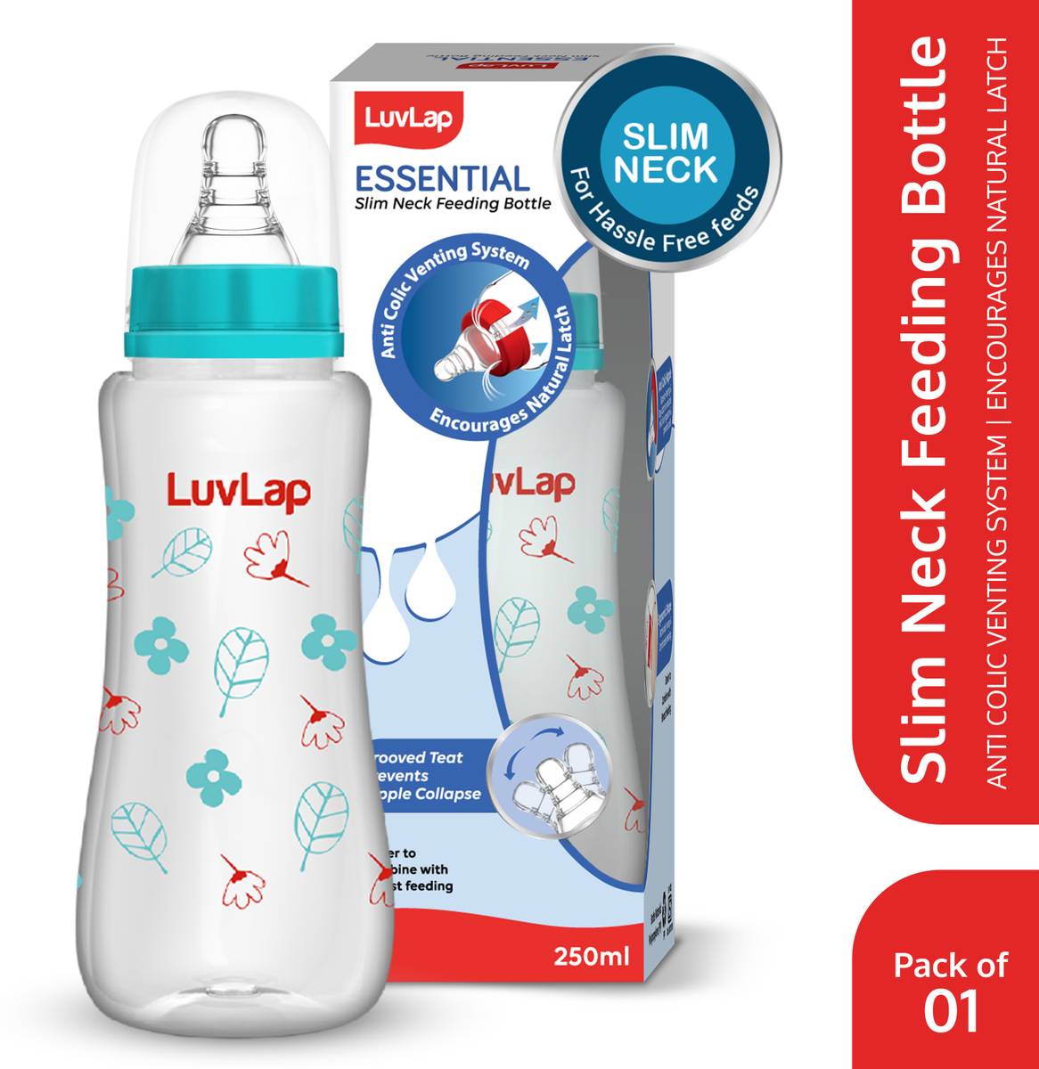 LuvLap Anti-Colic Slim Neck Essential Baby Feeding Bottle, Wild Flower Design - 250 ml — photo 6