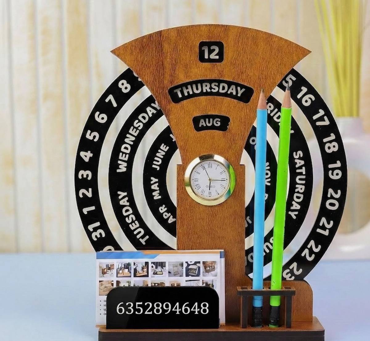 UrbanLane 2 Compartments Wooden Round Wooden Infinity Desktop Calendar with Clock — photo 6