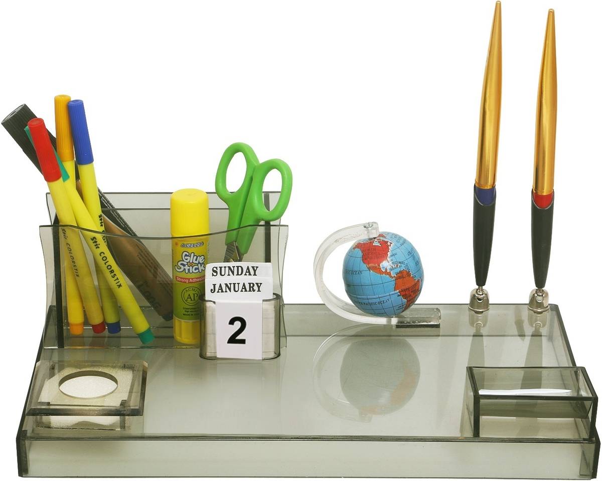 RASPER Multipurpose 3 Compartments Acrylic Executive Table Top Desk Organizer, With Globe Pencil Holder (11x6 Inch) Pen Stand For Office — photo 3