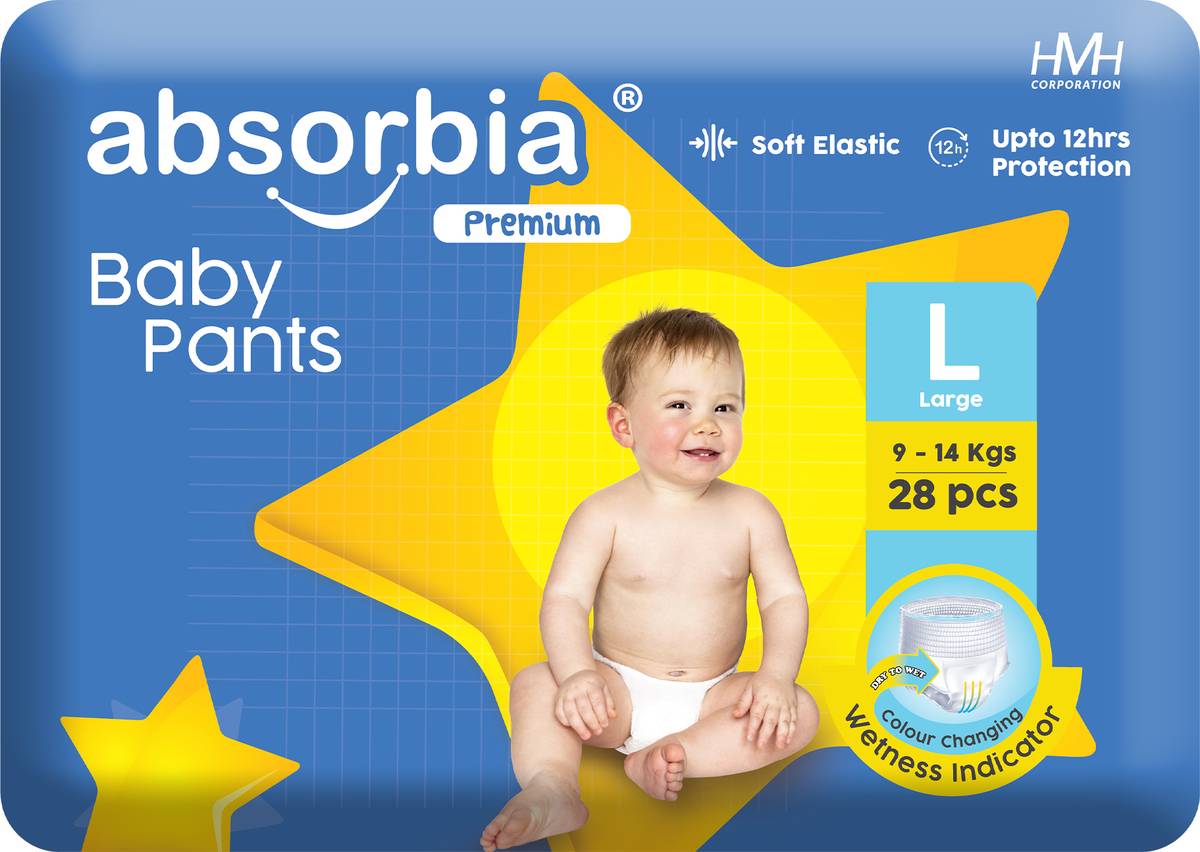 ABSORBIA Baby Pant Diaper Large (L) 9-14 Kg, 28s x Pack of 1 | Up to 12Hrs Protection Pant Diapers - L — photo 6