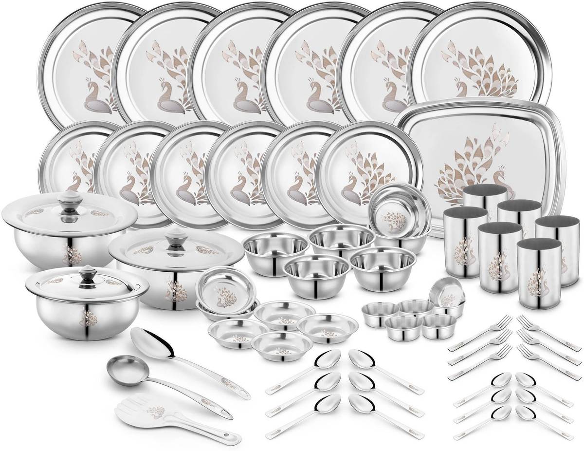 Classic Essentials Pack of 64 Stainless Steel Dinner Set|Serves 6 People|Heavy Gauge|Kitchen Set|Permanent Laser-Peacock Dinner Set — photo 6