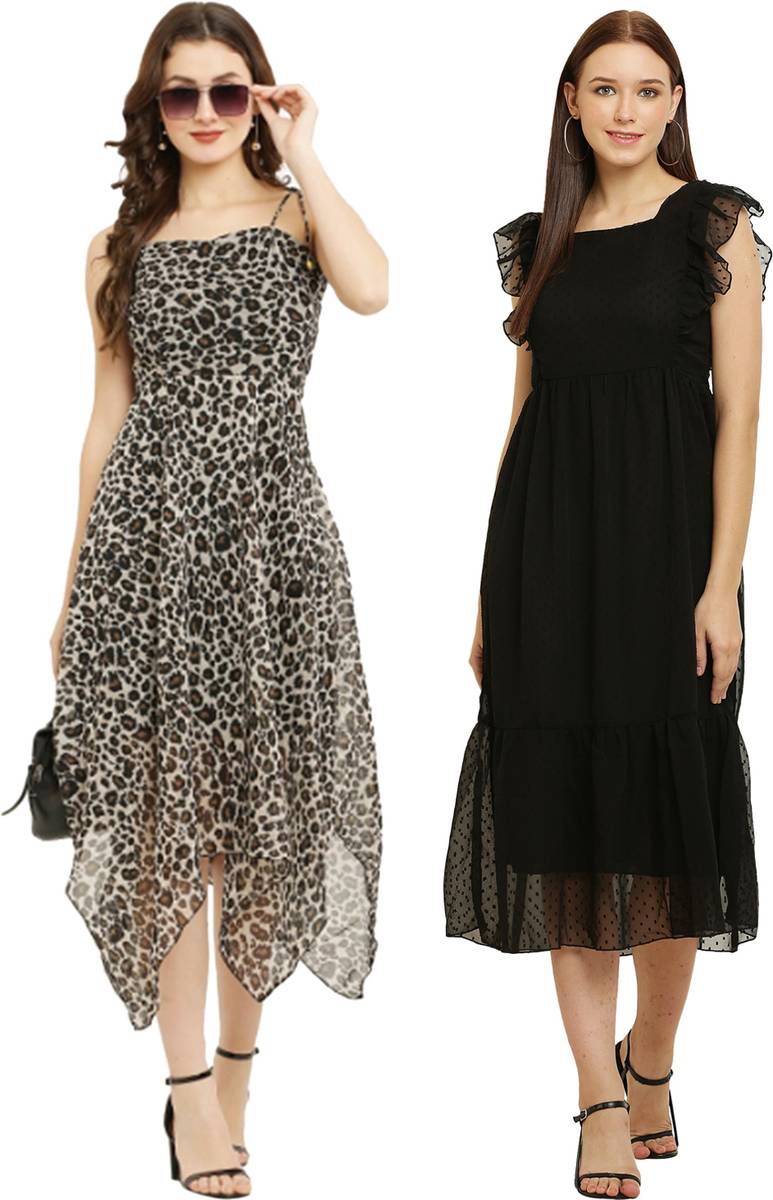 Women High Low Black, White, Beige Midi/Calf Length Dress — photo 5