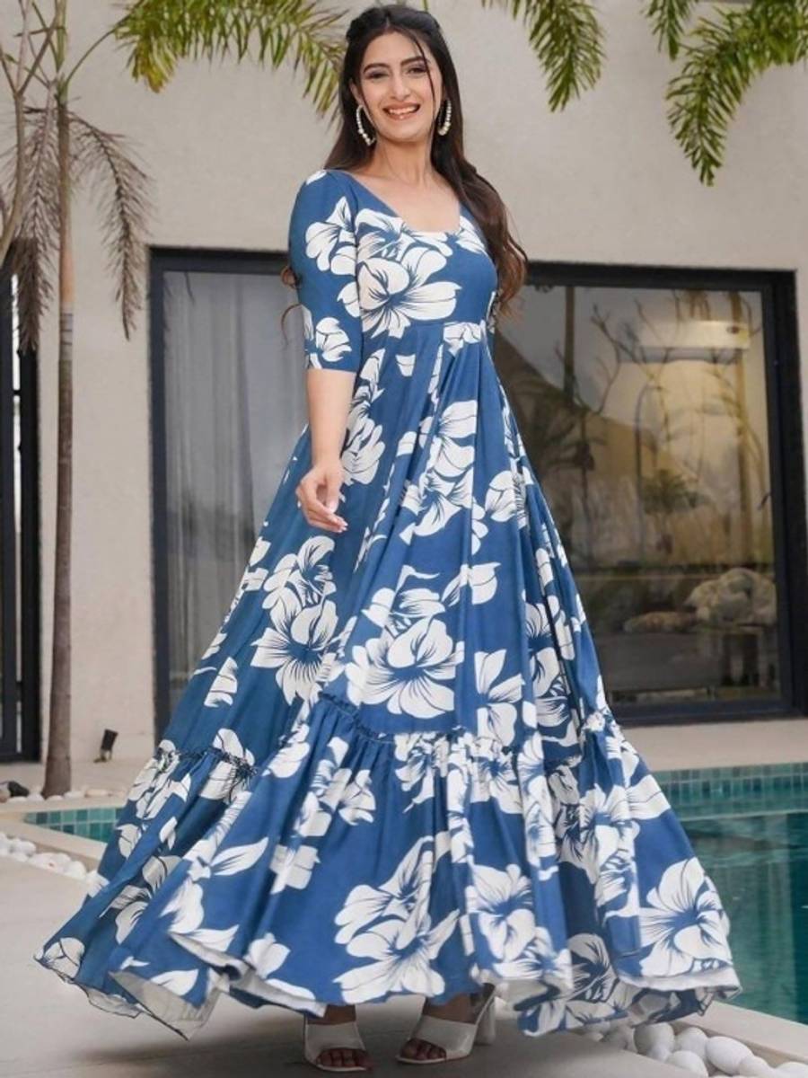EVERLEE Women Maxi Blue, White Full Length Dress — photo 5