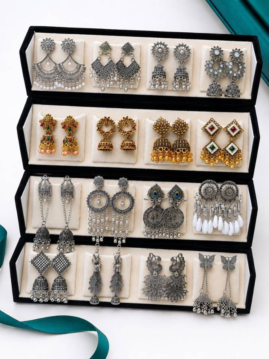 Esyko 16 Pair Earrings Set for Women with Stylish Organizer Box Beads, Pearl Alloy, Silver, Stone Drops & Danglers, Jhumki Earring, Stud Earring — photo 6